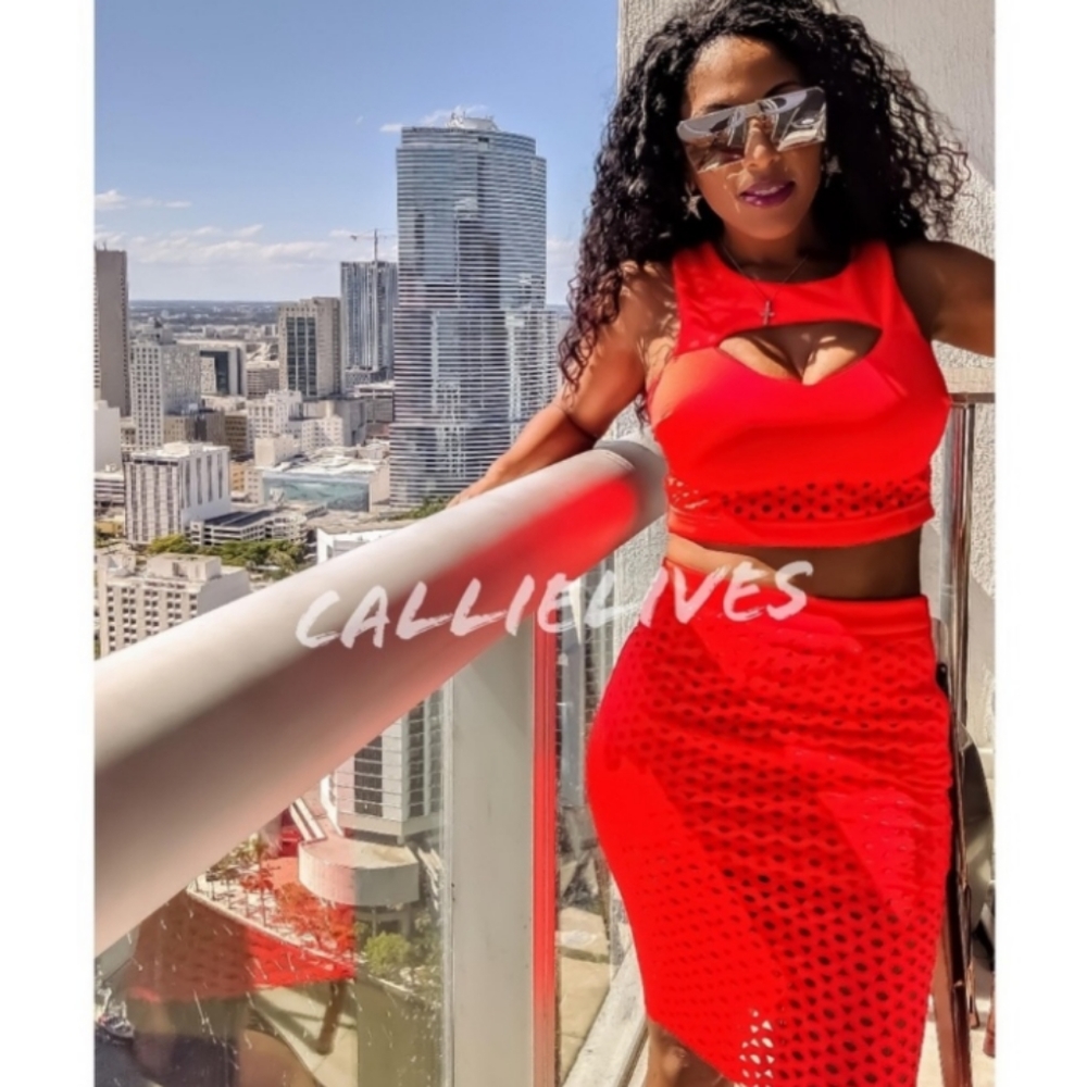 New! Laser Cut Out Neon Orange Coral Scuba Sleeveless Crop Pencil Skirt Set M